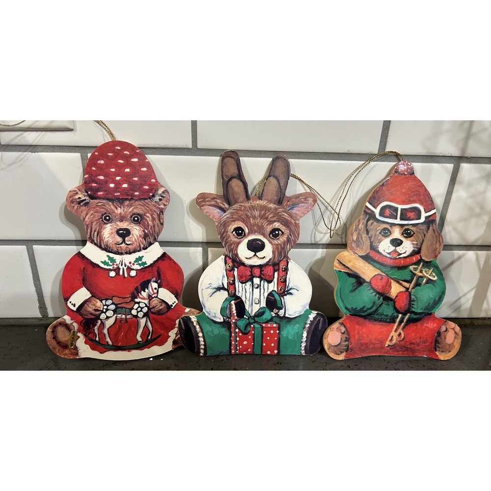 Vintage Reindeer Dog Bear Flat Ornaments SET Lot OF 3 Christmas Wood Taiwan